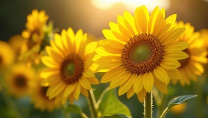 Close-up of a vibrant bouquet of sunflowers in full bloom, bathed in sunlight , sun, joy, positive
