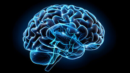 Futuristic glowing brain illustration on black background with neural network lines and labeled brain regions