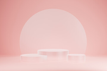 3D realistic set of three frosted transparent glass cylindrical podium background on light pink. Shining disk, mockup, 3d rendering. Minimalistic stage for placement product, presentation pedestal.
