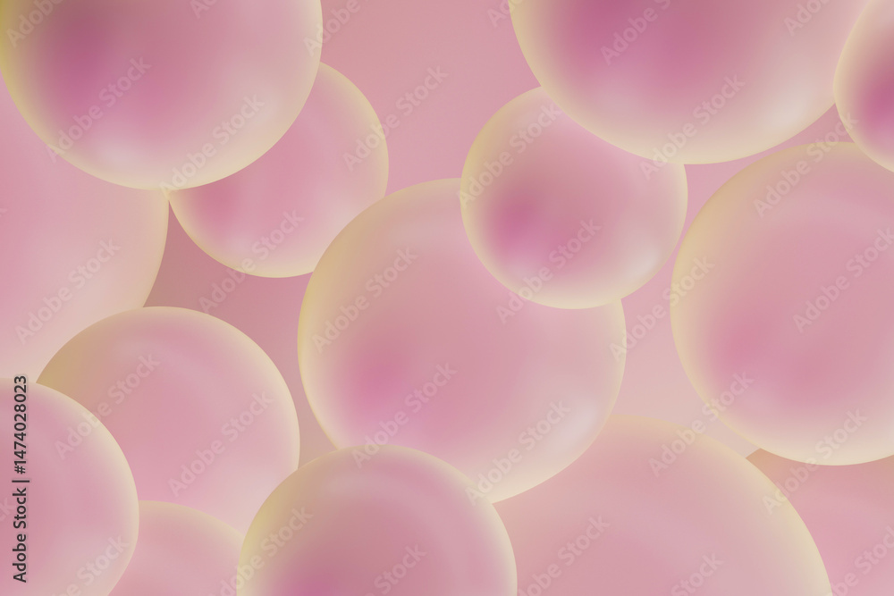 Poster Futuristic spherical pattern background  with translucent pink bubbles and soft lighting in calm atmosphere. 3D rendering. Airy abstract pattern.