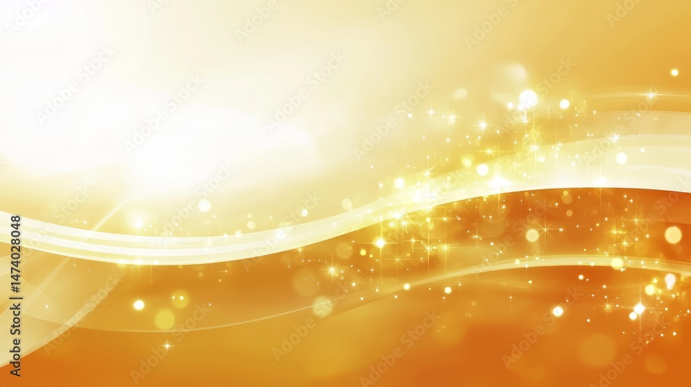Poster golden waves abstract background with bokeh lights and sparkles, elegant and festive design element.