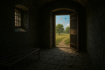 Obraz premium Inside a dim, abandoned stone cell, a barred metal bed sits near a window as sunlight pours through an open door revealing a lush meadow.