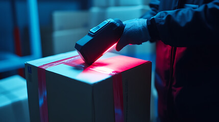 Worker Scanning Barcode on Package in Warehouse