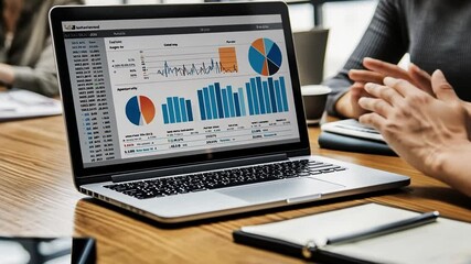 Office laptop displays data charts; meeting background - Powered by Adobe
