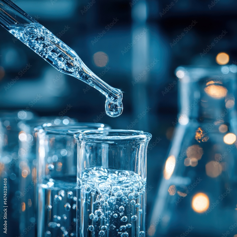 Poster droplets of liquid are being carefully transferred into test tubes, illuminated by soft bokeh lights