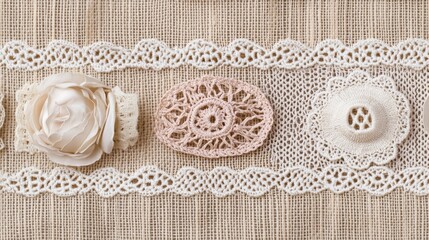 Elegant Lace and Fabric Composition with Decorative Elements and Floral Accents