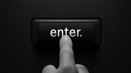 The finger pressing the enter key is intended to start or continue something in a digital or mechanical context in ideas related to technology, access, decisions, or initiation