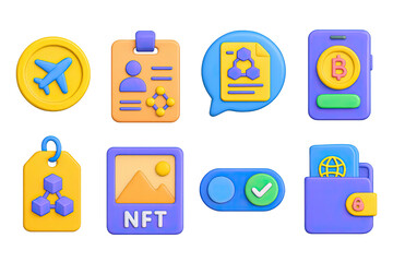 3D icon set of tourism blockchain features: travel token icon, decentralized ID badge, smart itinerary contract bubble, crypto payment screen, blockchain-based loyalty tag, NFT souvenir card, data