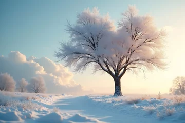 Winter's Embrace, A Majestic Heart-Shaped Tree Adorned with Snow, Casting a Serene Spell on a Snowy Landscape Under a Pastel Sky