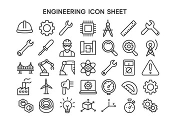 Obraz premium Engineering Icons: A set of minimalist line drawings of various engineering-related symbols, perfectly designed for modern digital use. The icons are clean, easily recognizable.