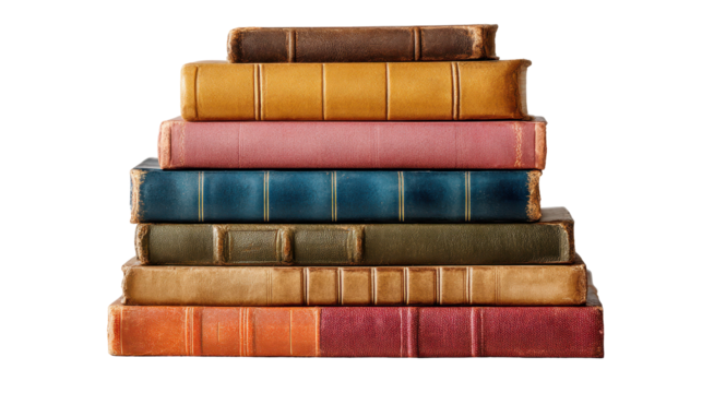Collection of vintage hardcover books stacked. transparent background