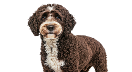 Portuguese Water Dog Alert Engaged Standing Pose Against Clean White Studio Background