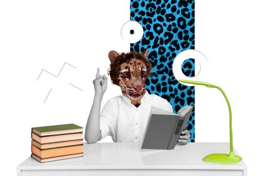 Creative collage picture of black white colors schoolboy read book point finger desktop lamp isolated on turquoise background