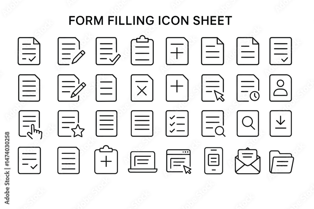 Poster digital document symbols: a collection of black and white vector icons representing various document