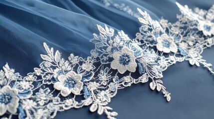 Elegant Blue Lace Fabric with Intricate Floral Embroidery in Close-Up View for Textiles