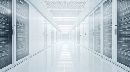 A long hallway filled with server racks in a data center with bright white lighting and a shiny floor