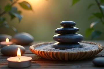 Zen Harmony, A Meditative Still Life with Stacked Stones and Soft Candlelight Evoking Tranquility and Balance for Wellness and Contemplation Practices