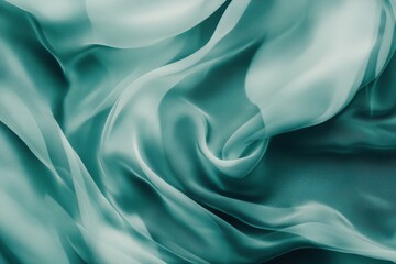 Obraz premium Teal, flowing fabric drapes in soft folds. Delicate, smooth, and shimmering texture. A close-up view of the fabric's elegant folds