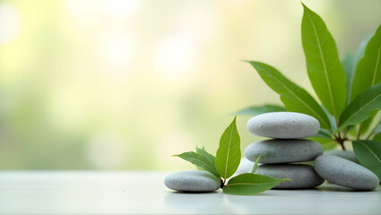 Obraz premium Zen Harmony, Balancing Stones and Verdant Leaves for Serene Wellness and Peaceful Reflection in a Tranquil Natural Setting Ideal for Meditation and Mindfulness