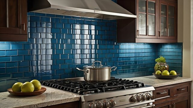 Modern kitchen featuring gleaming blue subway tile backsplash with subtle texture and stainless steel appliances.