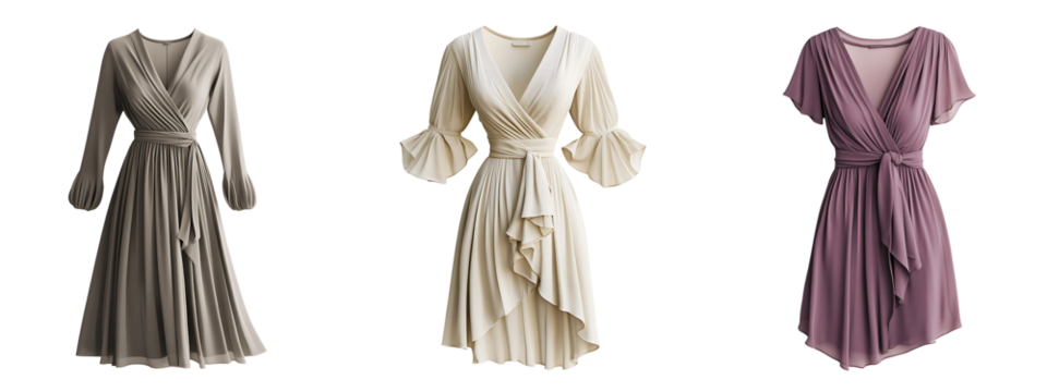 Collection of stylish wrap dresses with V necklines cinched waists and flowing fabric isolated on a white or transparent background.