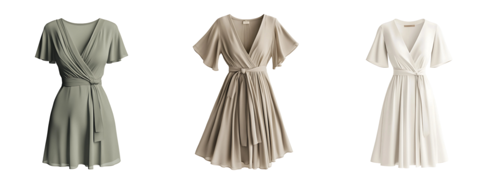 Collection of stylish wrap dresses with V necklines cinched waists and flowing fabric isolated on a white or transparent background.