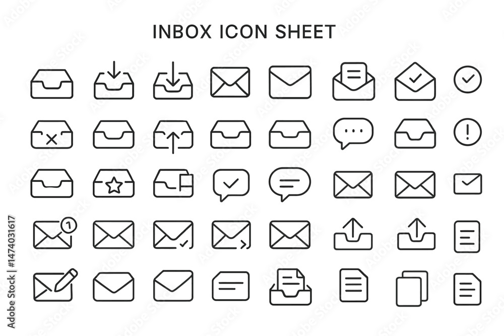 Poster inbox icon set: collection of email symbols, including message notification, sent and received, and 