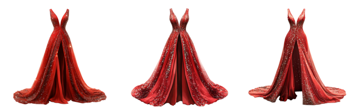 Collection of red glamorous V neck fashion dresses with sparkle and flowing fabric isolated on a white or transparent background.