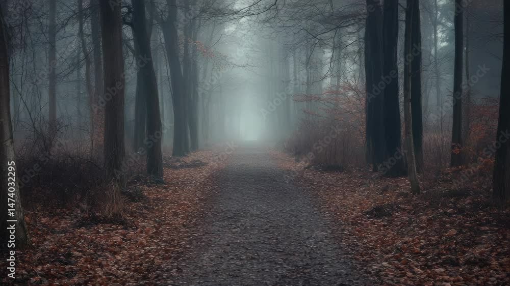Poster A winding path through dense fog in a forest setting, perfect for use as a backdrop or atmosphere