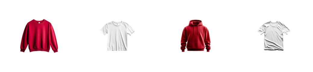 Assorted garments, red sweatshirt, hoodie, white t-shirts, cut out transparent