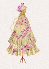 Floral yellow gown dress fashion design in mannequine