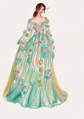 Obraz premium Green flower gown dress. fashion illustration.