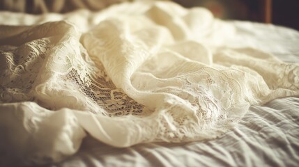 Soft and Delicate Lace Fabric Draped on a Cozy Bed Inviting Warmth and Serenity in a Room