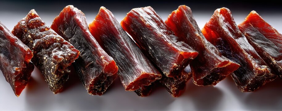 Deliciously Dried Beef Jerky Sticks Carefully Arranged on a Table for Savory Snack Delight and Culinary Inspiration