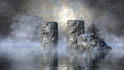 Twin stone pillars rise from a misty, snow-covered isle