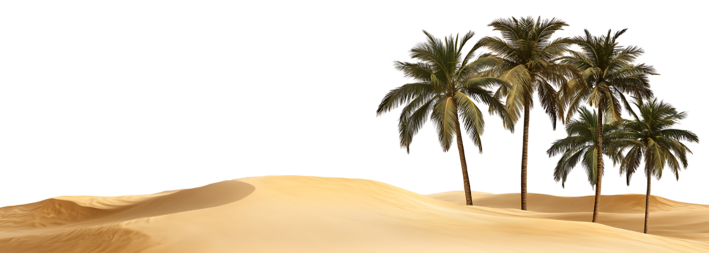 Desert landscape with sand dunes and palm trees isolated on transparent background