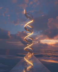 futuristic dreamy product podium, golden helix structures, calm glowing sea, minimalist fantasy setup