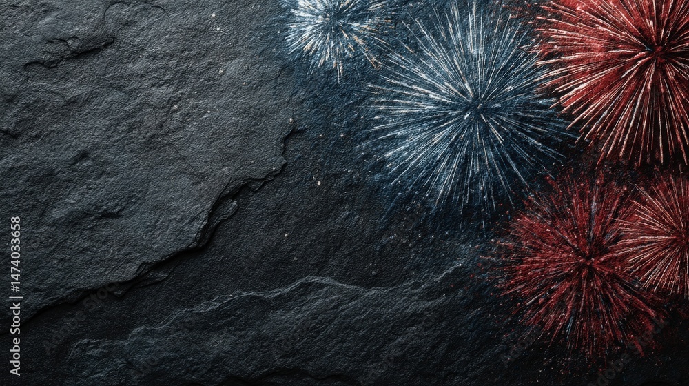 Poster firework burst on slate: a burst of vibrant fireworks illuminates the darkness, their colors dancing