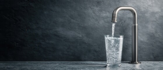 A sleek faucet pours water into a clear glass on a textured dark background, highlighting the refreshing liquid's movement.