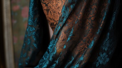 Elegant lace fabric draped on mannequin showcasing intricate designs and rich color contrasts