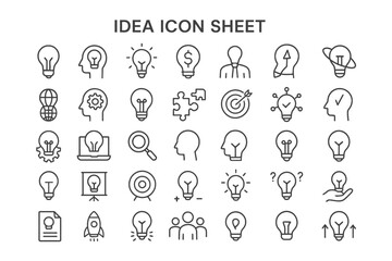 Brainstorm Brilliance: A comprehensive collection of minimalist idea icons, depicting innovation, insight, and creative thinking. A versatile resource for various design needs.