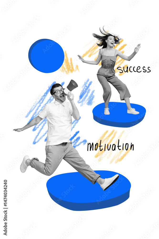 Poster creative template graphics collage image of purposeful lady listening guy screaming motivation speec