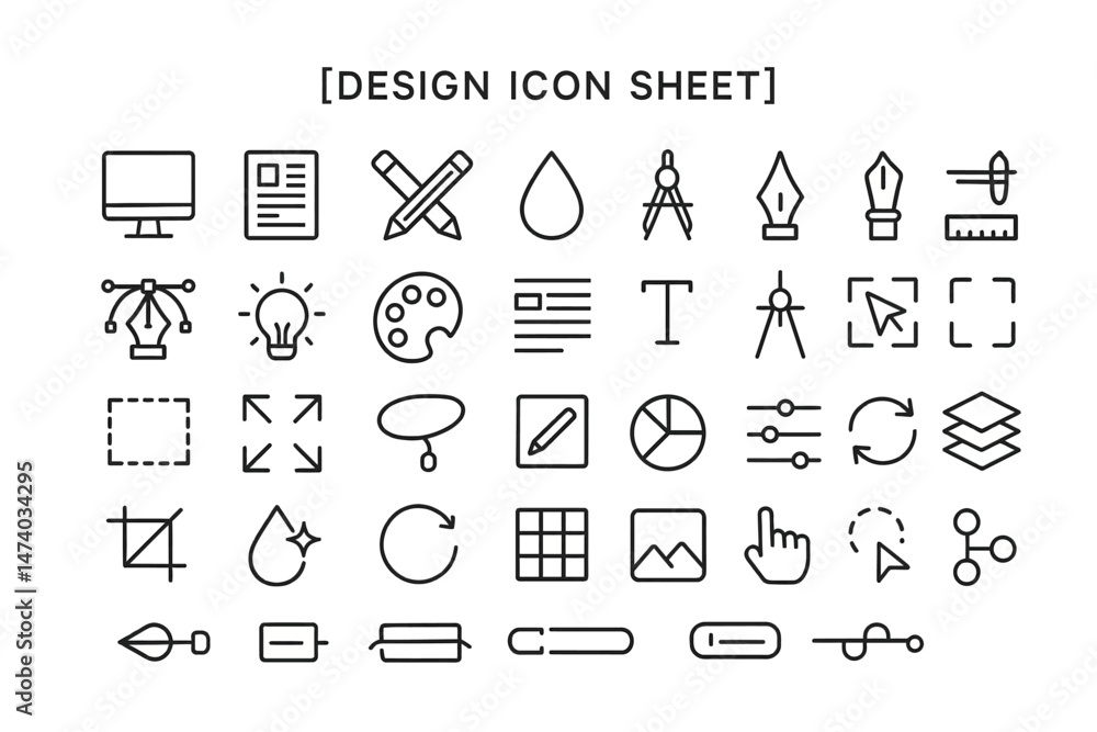 Fototapete Design Icon Sheet: A comprehensive collection of design icons, neatly organized for easy use, representing various aspects of the creative process.