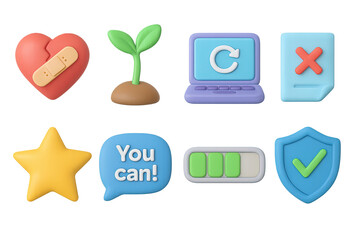 Health and wellness 3d icons set – vibrant, rejuvenation, positive lifestyle symbols