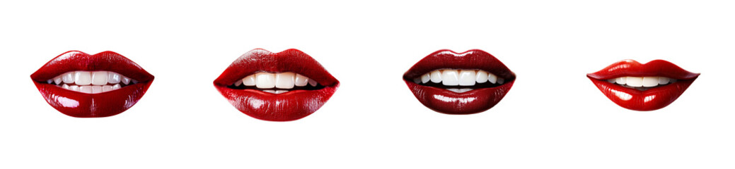 Glossy crimson lips collage, wide smiles, teeth, isolated, cut out transparent