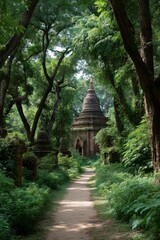 Ancient pagoda pathway in lush green forest with towering trees and historical architecture