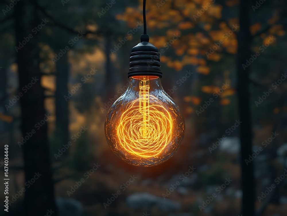 Poster glowing lightbulb with complex filament design hanging in an autumn forest