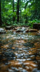 Fototapeta premium Captivating water droplets falling into a serene forest pond, creating mesmerizing ripples and showcasing nature's tranquility. Perfect for nature lovers.