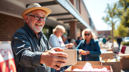 A cheerful older man hands out food boxes at a charitable event while a smiling woman assists him. The sun shines brightly, making it a beautiful day for outreach