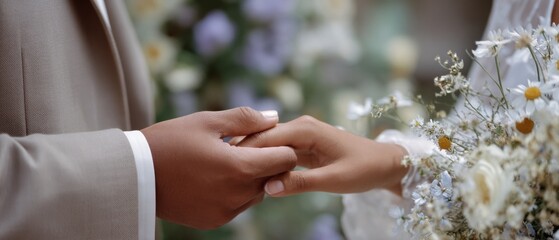 Fototapeta premium A tender moment is captured as hands unite during a romantic wedding ceremony.